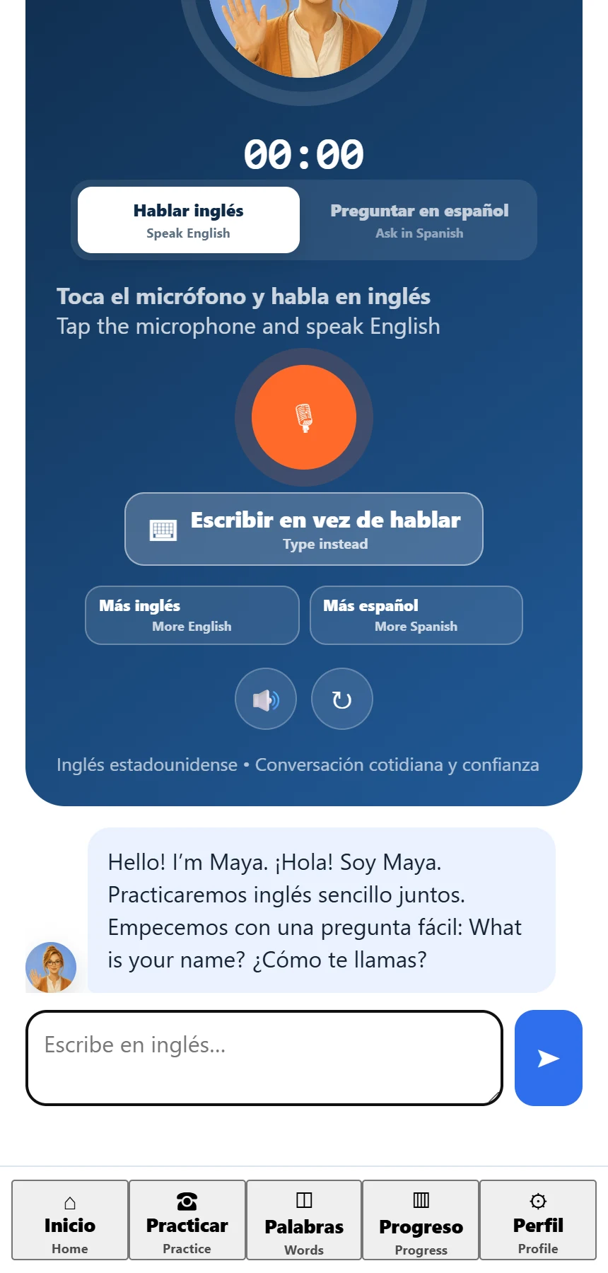 Current SayLuma app showing Maya’s bilingual greeting and the message field for typing.